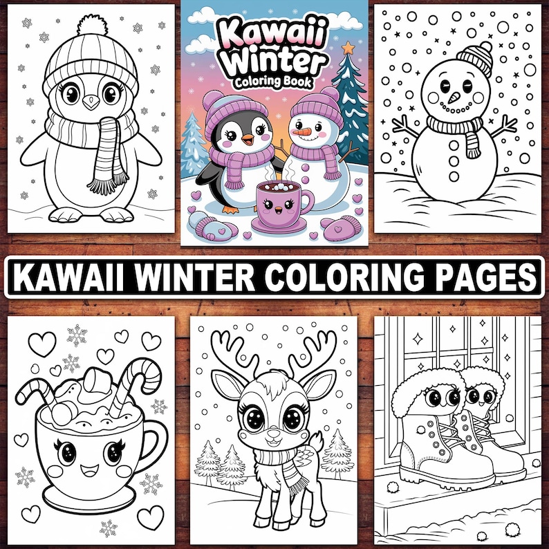 May include: Kawaii Winter Coloring Book with black and white illustrations of a penguin, snowman, reindeer, hot chocolate, and boots. The book cover features the text "Kawaii Winter Coloring Book".