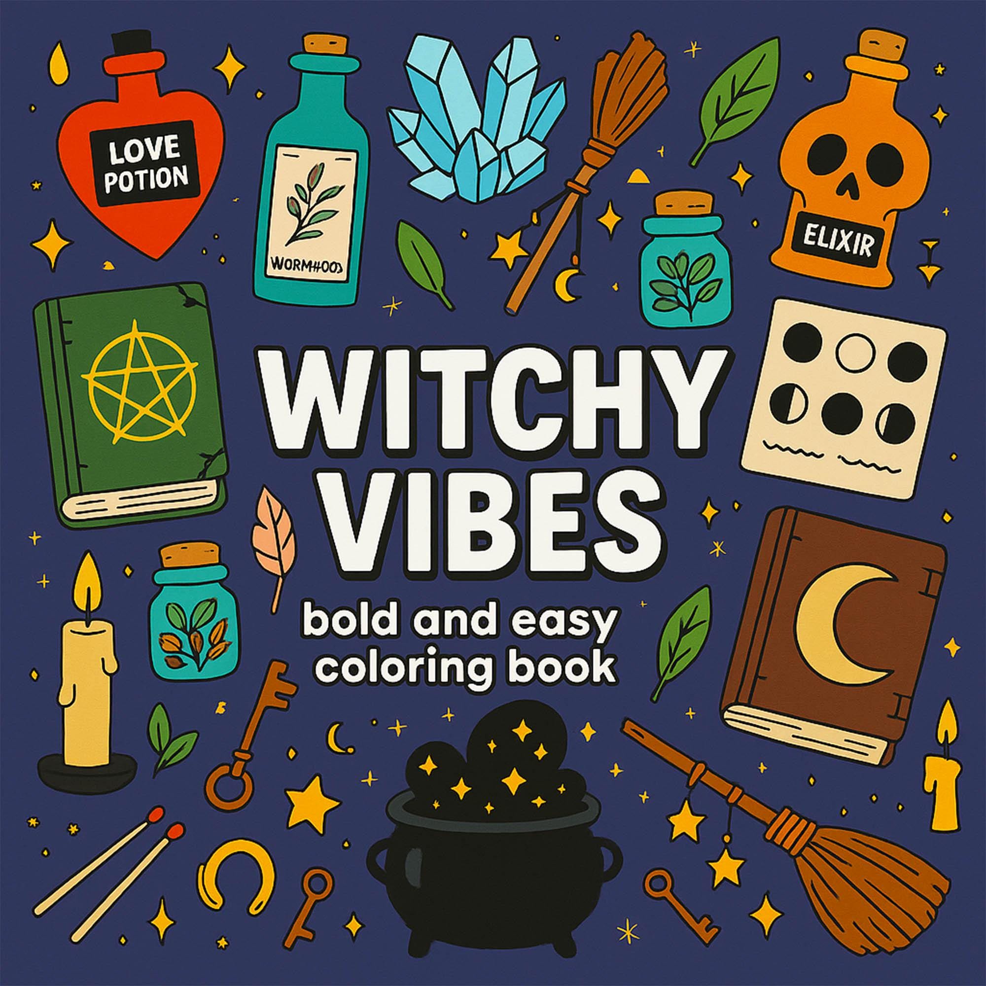 Witchy Vibes Páginas para Colorear – 20 diseños mágicos y audaces con brujitas, frascos de hechizos y estética cottagecore | PDF digital