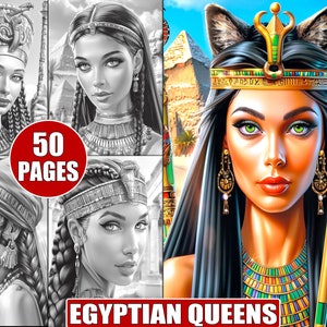 50 Printable Egyptian Queens Coloring Pages in Grayscale for Adults, Beautiful Women in Historical Fashion, Mythology Coloring Book Sheets