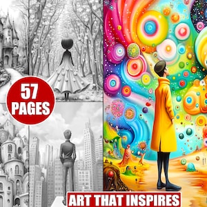 57 Printable Art That Inspires Coloring Pages in Grayscale for Adults, Detailed Artistic Designs and Fine Art, Stress Relief Coloring Book