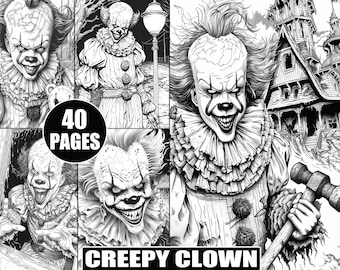 Creepy Clown Coloring Book: 40 Grayscale Horror Pages (Digital Download PDF)