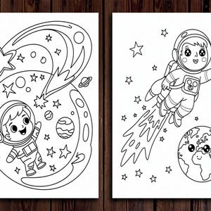May include: Two black and white illustrations of astronauts in space. One shows an astronaut floating near a planet and a comet. The other shows an astronaut flying towards a planet with a smiling face, surrounded by stars.