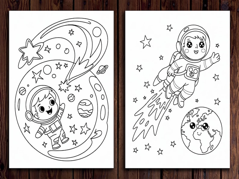 May include: Two black and white illustrations of astronauts in space. One shows an astronaut floating near a planet and a comet. The other shows an astronaut flying towards a planet with a smiling face, surrounded by stars.