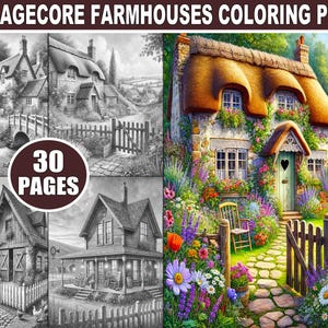 Peut inclure: Un livre de coloriage avec 30 pages de maisons de campagne de style cottagecore. La couverture montre un charmant chalet avec un toit de chaume, entouré d'un jardin luxuriant avec des fleurs en fleurs. Le chalet a une porte en forme de cœur et un chemin de pierre menant à celui-ci.