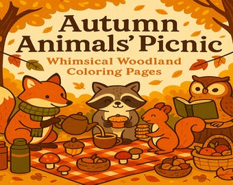 Dibujos para colorear de animales de picnic de otoño: 20 acogedoras láminas del bosque (descarga digital)