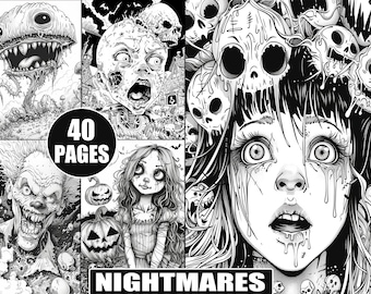 40 páginas para colorear de pesadillas para adultos / Fantasía de terror en escala de grises imprimible / Libro para colorear espeluznante y aterrador, descarga digital de Halloween