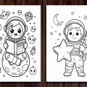 May include: Two black and white illustrations of space-themed coloring pages. One shows an astronaut reading a book titled "Space Adventures" while seated on a moon. The other shows an astronaut holding a star and a flag that says "Explore".