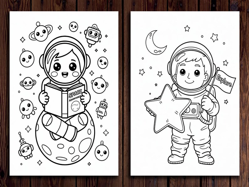May include: Two black and white illustrations of space-themed coloring pages. One shows an astronaut reading a book titled "Space Adventures" while seated on a moon. The other shows an astronaut holding a star and a flag that says "Explore".
