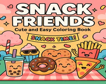 Snack Friends Coloring Book, Easy Colouring Pages for Kids, Kawaii Food Art (PDF Downloadable