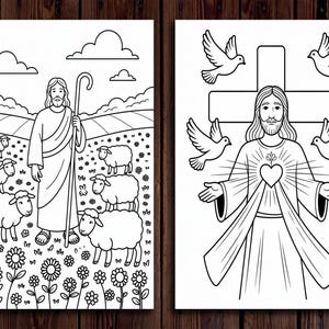 May include: Two black and white coloring pages featuring Jesus. The first page depicts Jesus as a shepherd with sheep. The second page shows Jesus with a heart and doves.