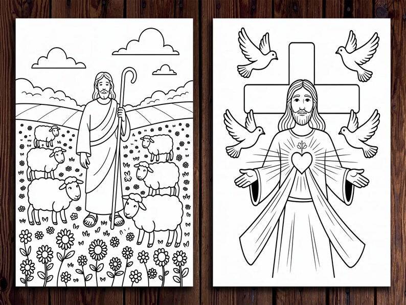May include: Two black and white coloring pages featuring Jesus. The first page depicts Jesus as a shepherd with sheep. The second page shows Jesus with a heart and doves.