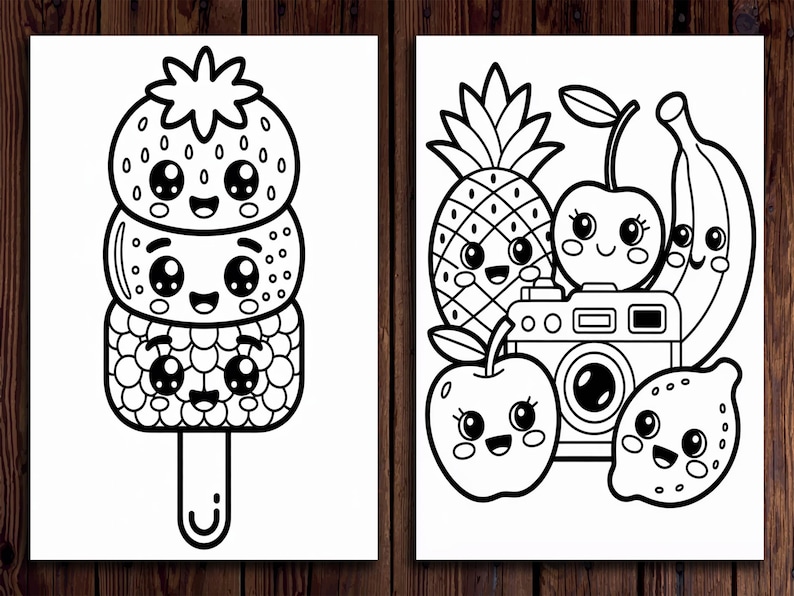 Puede incluir: Dos ilustraciones en blanco y negro sobre papel blanco. Una muestra un helado kawaii con tres secciones apiladas en forma de fruta. La otra representa una pi&ntilde;a, una manzana, una cereza, un pl&aacute;tano, un lim&oacute;n y una c&aacute;mara, todos con caras kawaii.