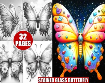 Páginas para colorir de borboletas em vitral: arte em tons de cinza para adultos (PDF para impressão)