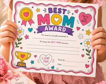 Mom Award Printable Certificate, Mother’s Day Gift from Kids, Coloring Award Activity