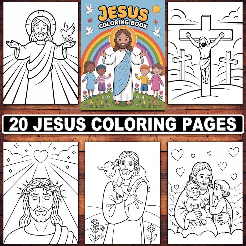 May include: A coloring book with 20 pages featuring black and white illustrations of Jesus. The cover features a rainbow and the text "Jesus Coloring Book".