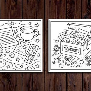May include: Two monochrome illustrations. The left depicts a coffee cup, papers, and stars. The right shows a box labelled "MEMORIES" filled with photos, roses, and ribbons. A charming theme.