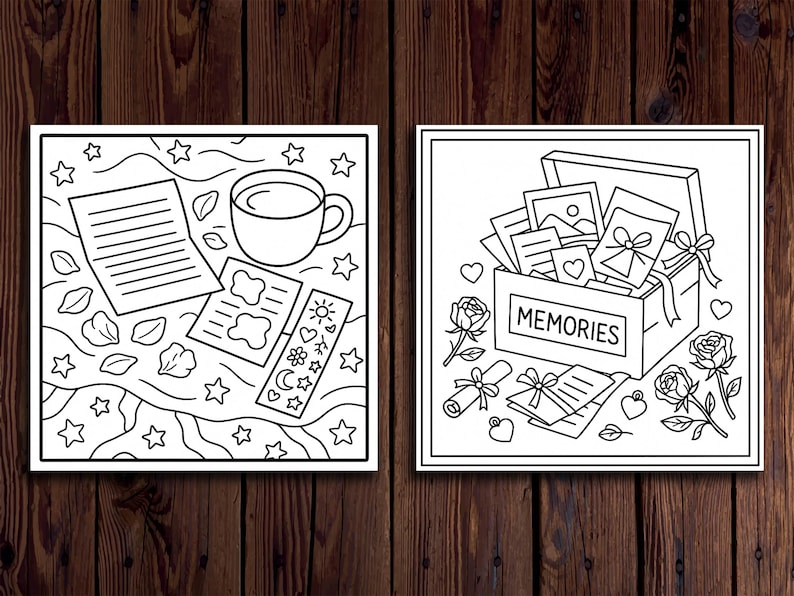 May include: Two monochrome illustrations. The left depicts a coffee cup, papers, and stars. The right shows a box labelled "MEMORIES" filled with photos, roses, and ribbons. A charming theme.
