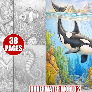 Underwater World Coloring Pages: Grayscale Ocean Art (PDF Printable Book, 38 Pages)