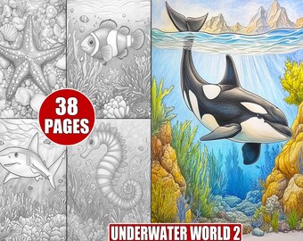 Underwater World Coloring Pages: Grayscale Ocean Art (PDF Printable Book, 38 Pages)