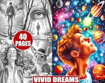 Vivid Dreams Coloring Pages: 40 Grayscale Dark Fantasy Sheets (Printable)