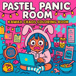 May include: A colorful illustration for a coloring book titled "Pastel Panic Room: Kawaii Chaos Coloring Book." The image features a cartoon character wearing a bunny hoodie, working on a laptop, with various kawaii-style elements.