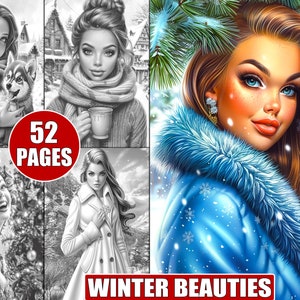 52 pages à colorier à imprimer sur les beautés de l'hiver en niveaux de gris pour adultes, avec des paysages d'hiver douillets et un livre de coloriage à imprimer pour soulager le stress