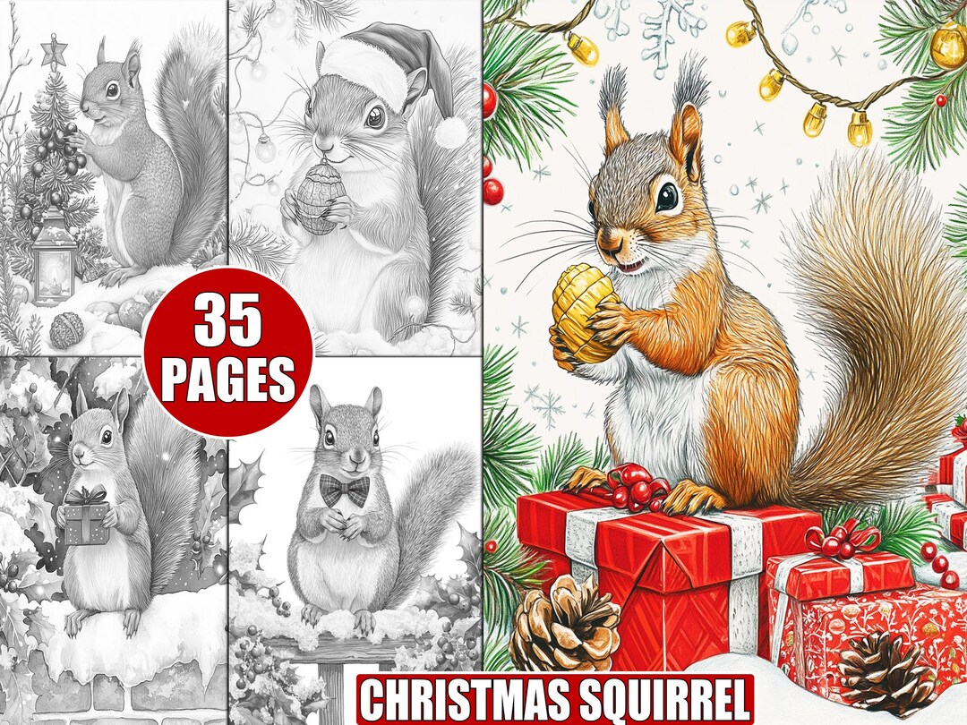 35 Printable Christmas Squirrel Coloring Pages in Grayscale for Adults ...