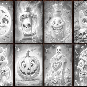 May include: A set of eight black and white illustrations featuring Halloween themes. The illustrations include a smiling moon, a lantern with a skull, a potion bottle with a smiling face, a cat with a pumpkin on its head, a pumpkin with a smiling face, a ghost with a heart, a skull with flowers, and a skull with hearts.