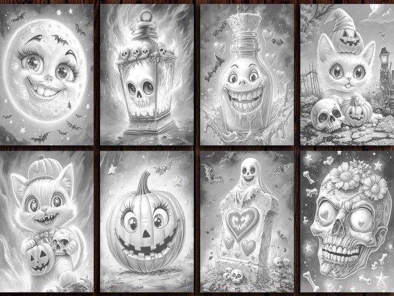 May include: A set of eight black and white illustrations featuring Halloween themes. The illustrations include a smiling moon, a lantern with a skull, a potion bottle with a smiling face, a cat with a pumpkin on its head, a pumpkin with a smiling face, a ghost with a heart, a skull with flowers, and a skull with hearts.