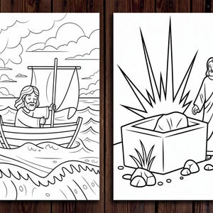 May include: A black and white coloring page depicting two scenes from the Bible. The first scene shows Jesus in a boat on the water. The second scene shows Jesus standing near a tomb with a large stone rolled away.