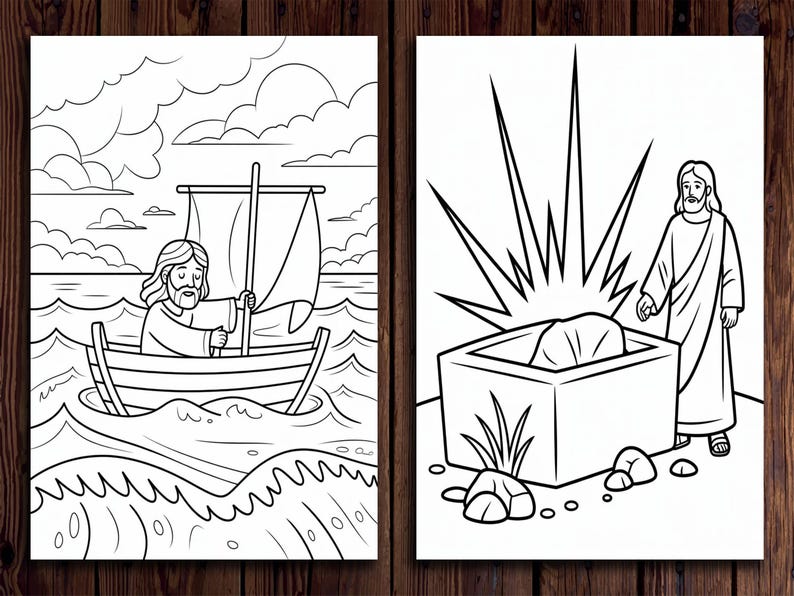 May include: A black and white coloring page depicting two scenes from the Bible. The first scene shows Jesus in a boat on the water. The second scene shows Jesus standing near a tomb with a large stone rolled away.