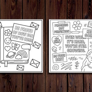 May include: Two black and white inspirational art prints. One features a book with stickers and the text "BE PROUD OF HOW FAR YOU'VE COME." The other says "PROGRESS NOT PERFECTION" and "EVEN WHEN IT'S HARD, YOU'RE STILL GROWING."