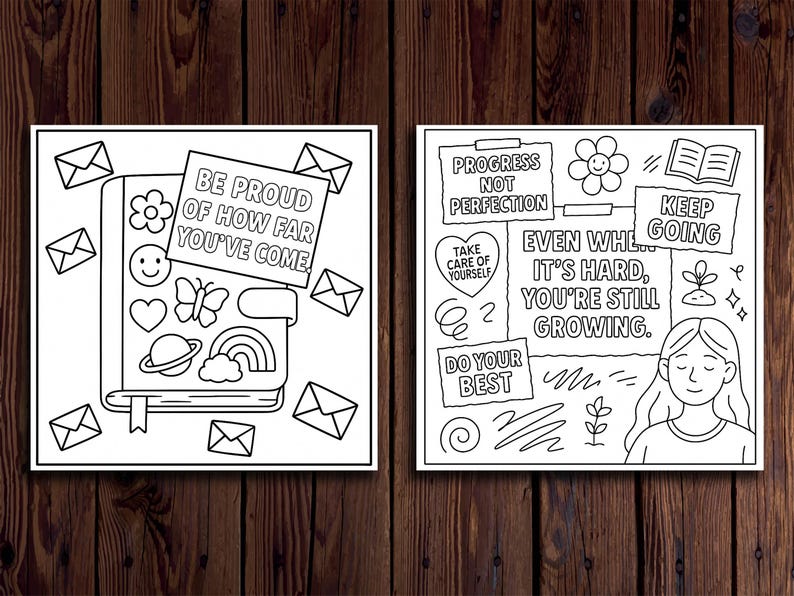 May include: Two black and white inspirational art prints. One features a book with stickers and the text "BE PROUD OF HOW FAR YOU'VE COME." The other says "PROGRESS NOT PERFECTION" and "EVEN WHEN IT'S HARD, YOU'RE STILL GROWING."