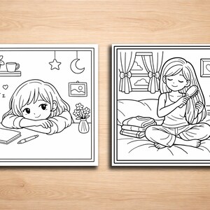 May include: Two black and white illustrations of a young person. One shows a person resting their head on their arms at a desk with a notebook and pen. The other shows a person brushing their hair while sitting on a bed.