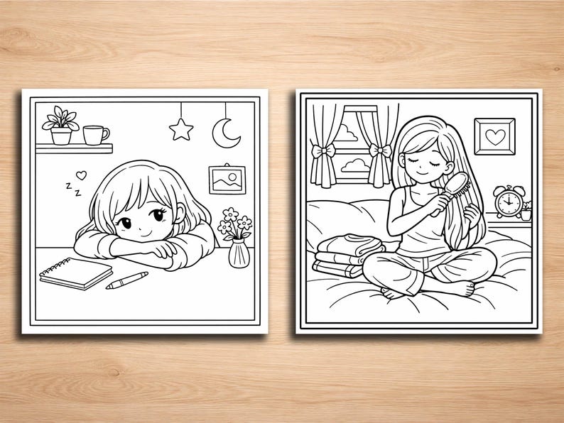 May include: Two black and white illustrations of a young person. One shows a person resting their head on their arms at a desk with a notebook and pen. The other shows a person brushing their hair while sitting on a bed.