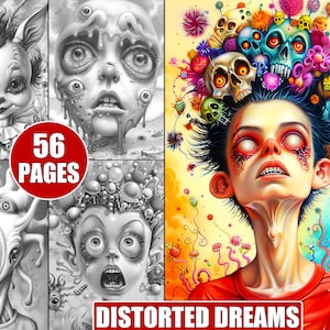 56 druckbare Verzerrte Träume in Graustufen für Erwachsene, surrealistische Fantasy Porträts, Stressabbau, Malbuch