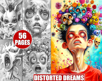 56 páginas para colorear de sueños distorsionados en escala de grises para adultos, retratos de fantasía surrealista, libro para colorear para aliviar el estrés.