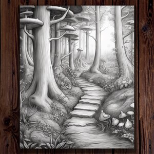 50 Enchanted Forest Coloring Pages for Adults, A Grayscale Fantasy ...