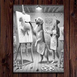 May include: A black and white illustration of a dog painting on a canvas with a paintbrush in its mouth. A person is standing next to the dog holding a paint palette.