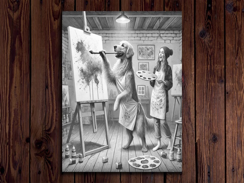 May include: A black and white illustration of a dog painting on a canvas with a paintbrush in its mouth. A person is standing next to the dog holding a paint palette.