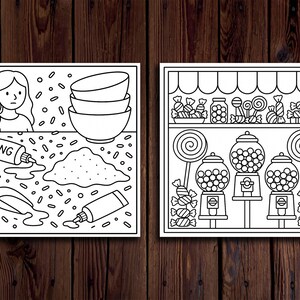 以下が含まれることがあります： 2 つのシーンの白黒線画イラスト。1 つは人物、ボウル、アイシング、スプリンクルを描いています。もう 1 つは、ガムボールマシン、ロリポップ、さまざまなキャンディーを備えたキャンディーショップを示しています。