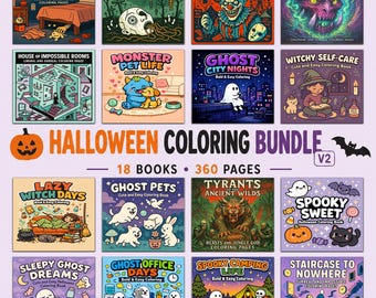 Halloween Coloring Pages Bundle, 18 Printable Coloring Books, 360 Bold & Easy Pages, Volume 2