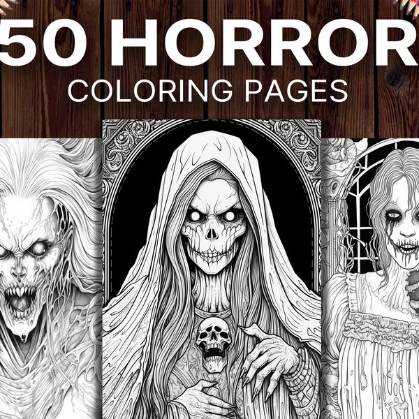 50 Horror Coloring Pages for Adults, Creepy Scary Coloring Book, for Relaxation and Stress relief, Printable Pdf