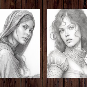 Medieval Women Coloring Pages for Adults, A Grayscale Coloring Book for ...