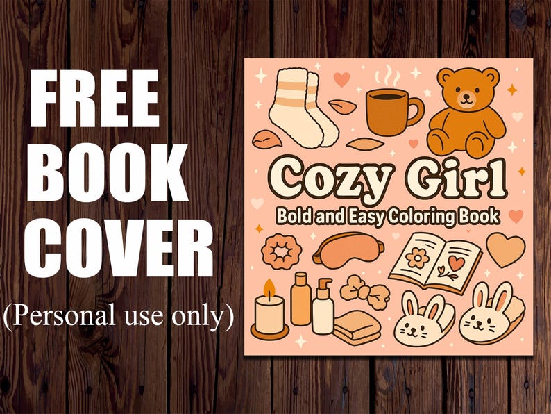 K&ouml;nnte beinhalten: Quadratische Illustration mit dem Text "FREE BOOK COVER" und "(Personal use only)". Die Illustration zeigt die W&ouml;rter "Cozy Girl" und "Bold and Easy Coloring Book" mit Illustrationen zum Thema Gem&uuml;tlichkeit wie Socken, eine Tasse, ein Teddyb&auml;r und Hausschuhe.