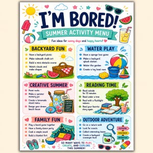 I’m Bored Sommeraktivitätsmenü zum Ausdrucken | Bildschirmfreie Sommeraktivitäten für Kinder