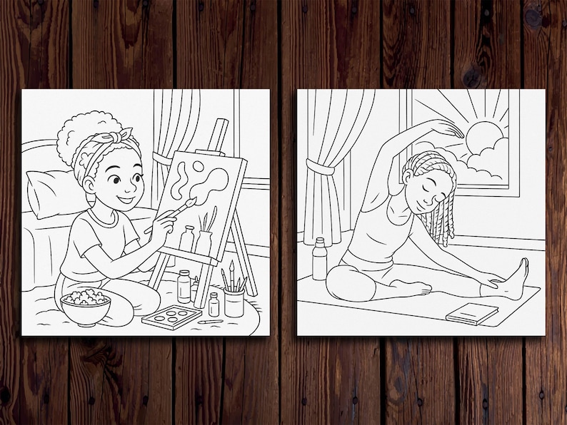 May include: Two black and white illustrations of people engaging in creative activities. The first image shows a person painting on a canvas with paintbrushes and jars of paint. The second image shows a person stretching on a yoga mat with a book and a water bottle.