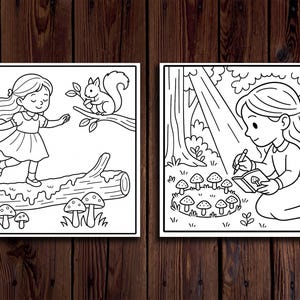 May include: Two black and white illustrations. One shows a girl walking on a log with a squirrel on a branch. The other shows a girl drawing in a book surrounded by mushrooms in a forest setting.