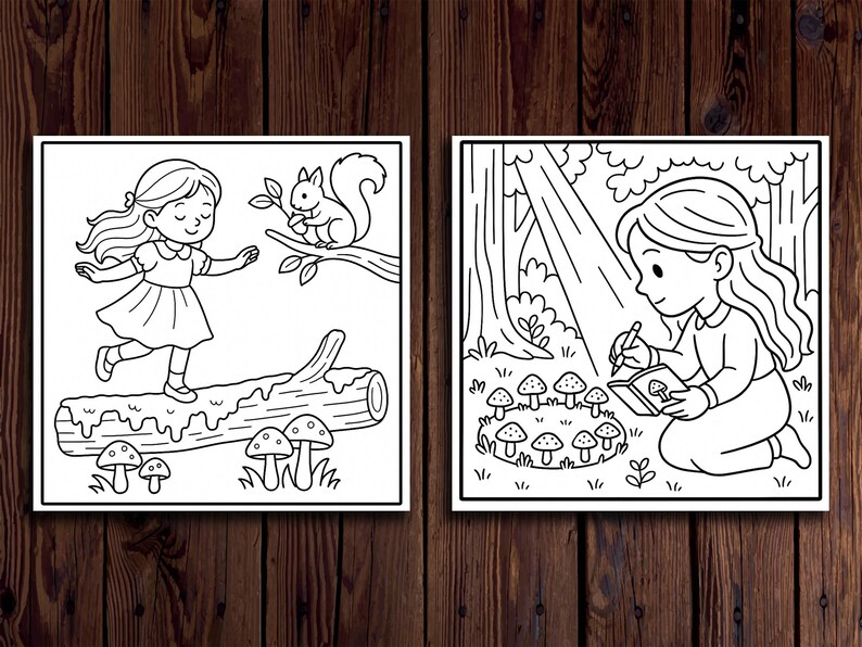May include: Two black and white illustrations. One shows a girl walking on a log with a squirrel on a branch. The other shows a girl drawing in a book surrounded by mushrooms in a forest setting.