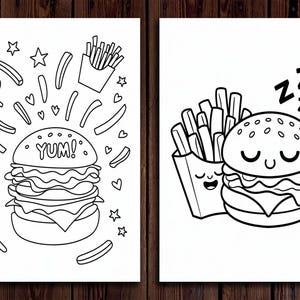 Pu&ograve; includere: Due pagine da colorare in bianco e nero con un hamburger e patatine fritte di cartoni animati. La prima pagina mostra un hamburger con la parola "YUM!" su di esso circondato da patatine fritte. La seconda pagina mostra un hamburger con gli occhi chiusi e un sorriso, accanto a una scatola di patatine fritte con un viso sorridente.